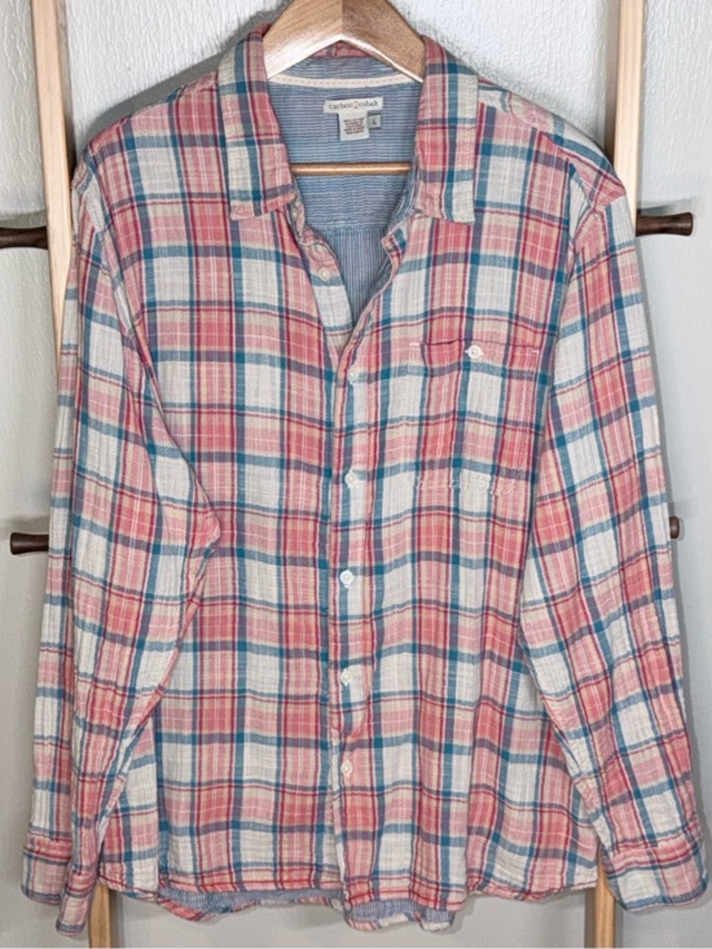 Carbon2Cobalt Men's Casual Light Orange, Blue and Red Plaid Button-Down Shirt